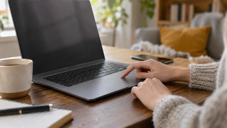 Realistická ilustrační scéna k tématu: Nefunguje touchpad notebooku: zapnutí, gesta a ovladač