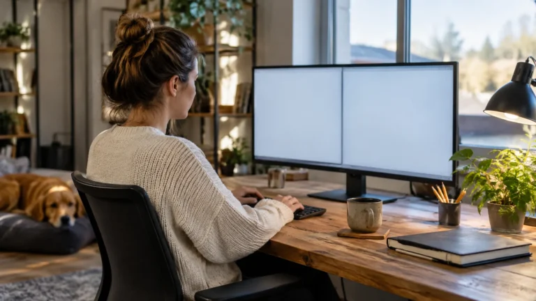 Realistická ilustrační scéna k tématu: Dvě okna vedle sebe ve Windows 11: zkratky a rozložení