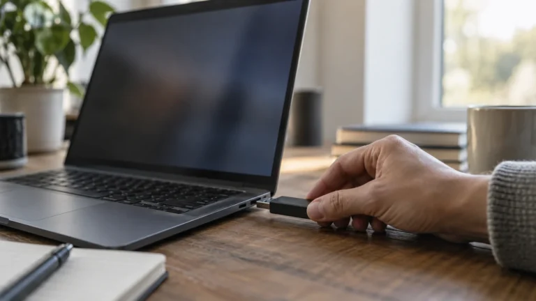 Realistická ilustrační scéna k tématu: Bezpečné odebrání USB disku: kdy jej můžete odpojit