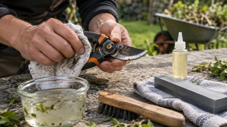 Realistická ilustrační scéna k tématu: Ruční nůžky Fiskars: čištění šťávy, mazání a broušení