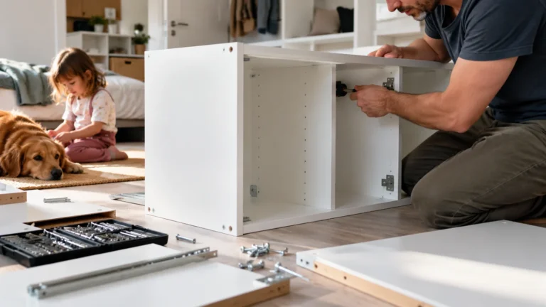 Realistická ilustrační scéna k tématu: IKEA: rozměry, montáž a bezpečné používání