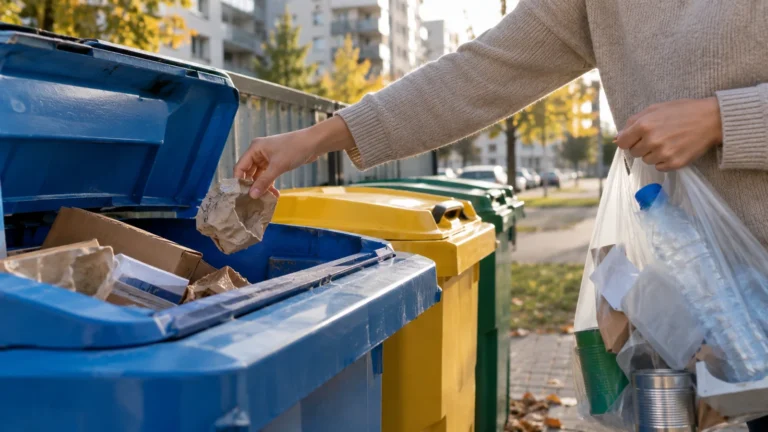 Realistická ilustrační scéna k tématu: Kam s odpadem: návody podle města a materiálu