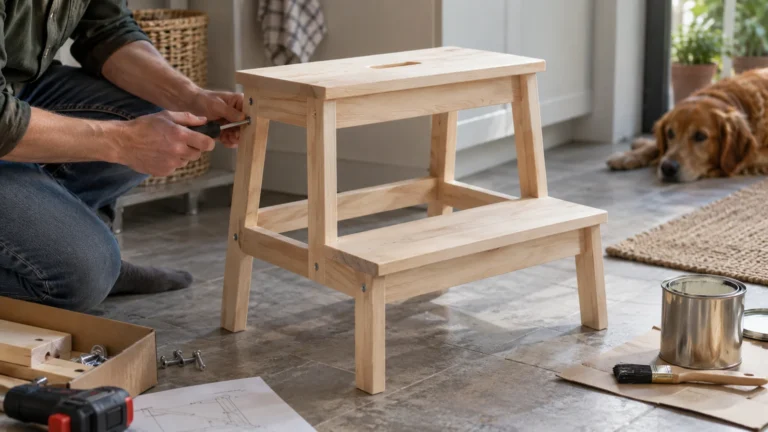 Realistická ilustrační scéna k tématu: IKEA BEKVÄM 63 cm: nosnost, složení a pozor na nátěr