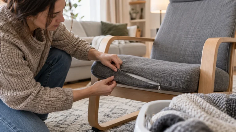 Realistická ilustrační scéna k tématu: IKEA POÄNG HILLARED: čalounění neprat, i když vidíte zip