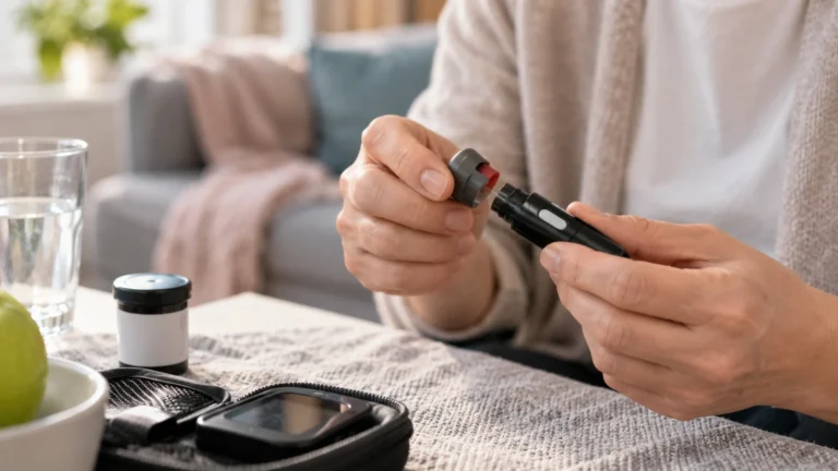 Realistická ilustrační scéna k tématu: Accu-Chek FastClix: červený proužek a výměna zásobníku