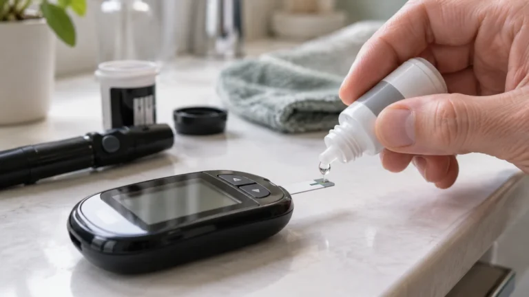 Realistická ilustrační scéna k tématu: Accu-Chek Performa: kontrolní roztok po otevření vydrží tři měsíce