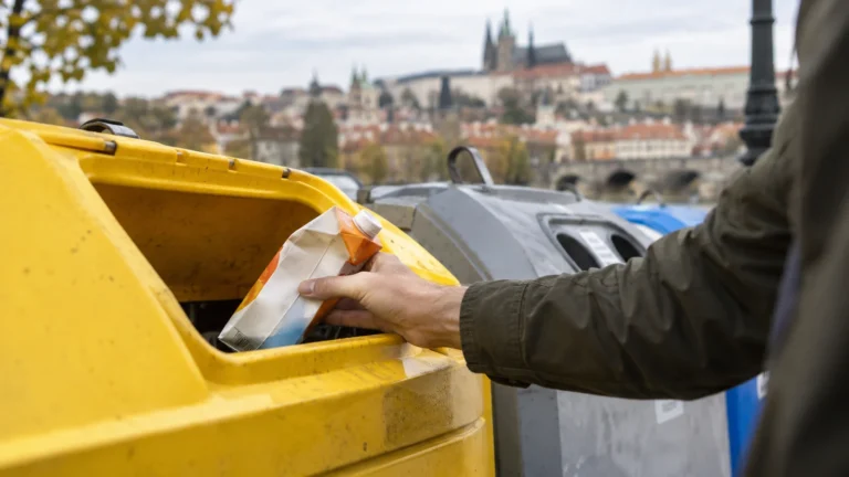 Realistická ilustrační scéna k tématu: Nápojové kartony v Praze: do plastů ano, s kovy záleží na nádobě