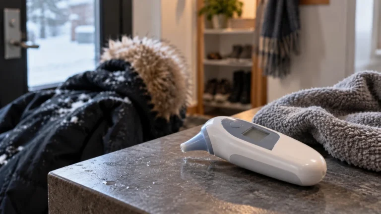 Realistická ilustrační scéna k tématu: Braun ThermoScan 3 IRT3030: chyba Err po přenesení z chladu