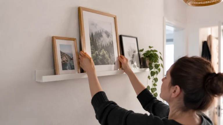 Realistická ilustrační scéna k tématu: IKEA MOSSLANDA 55 cm: nosnost 5 kg a rám vysoký nejvýše 45 cm