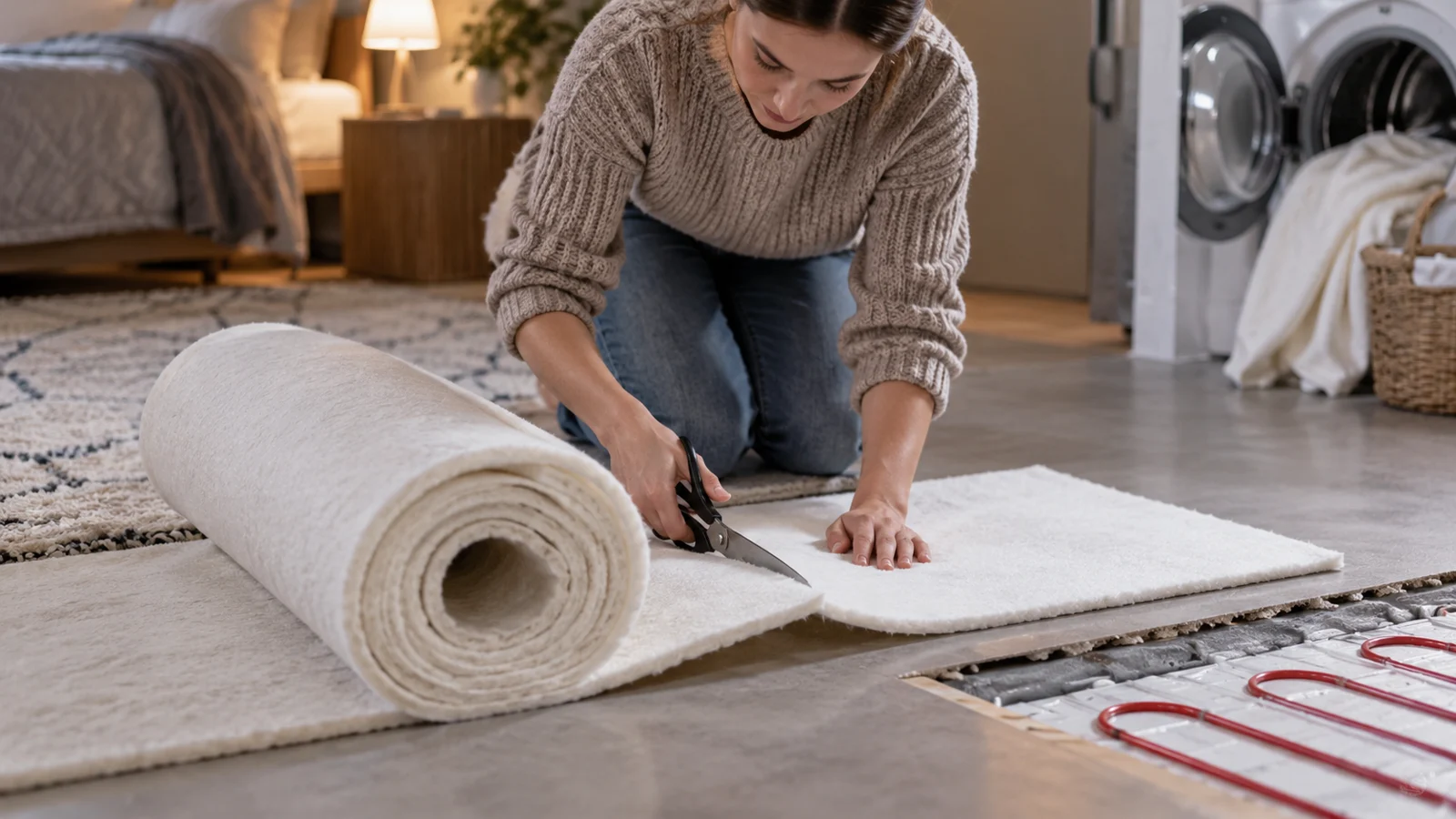 Realistická ilustrační scéna k tématu: IKEA STOPP FILT 165 × 235 cm: střih, praní a podlahové topení