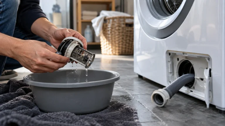 Realistická ilustrační scéna k tématu: Pračka Electrolux E20 nebo C2: hadice, filtr a vypouštění