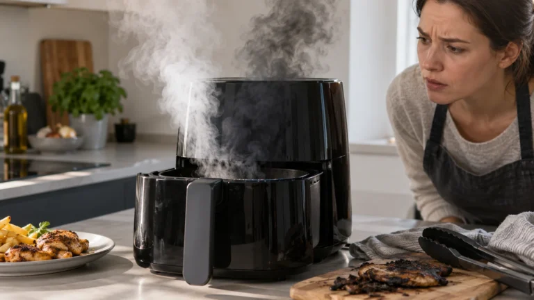 Realistická ilustrační scéna k tématu: Philips Airfryer HD920X kouří: bílý a tmavý kouř rozlišujte
