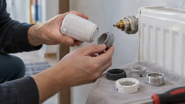 Realistická ilustrační scéna k tématu: Danfoss Eco: jak vybrat adaptér RA, RAV, RAVL nebo M30