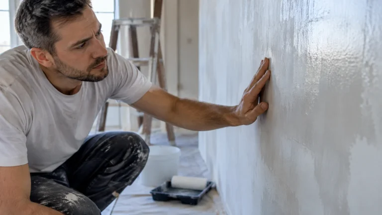 Prohlížení lesklého povrchu bílé stěny při přípravě malování