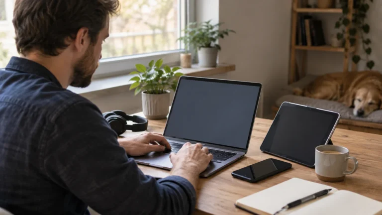 Realistická ilustrační scéna k tématu: Mobilní hotspot ve Windows 11: jak sdílet internet z počítače
