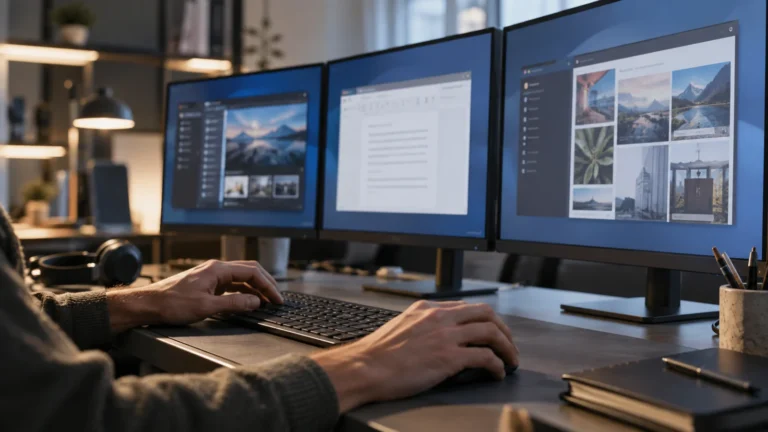 Realistická ilustrační scéna k tématu: Virtuální plochy ve Windows 11: vytvoření, přesun oken a zkratky