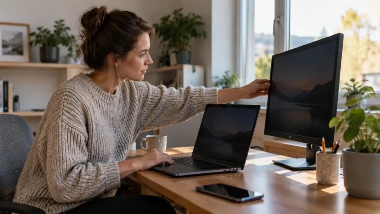 Realistická ilustrační scéna k tématu: Jak změnit jas ve Windows 11: notebook i externí monitor