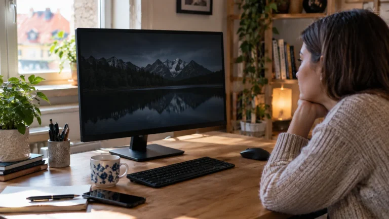 Realistická ilustrační scéna k tématu: Spořič obrazovky ve Windows 11: zapnutí, vypnutí a doba čekání