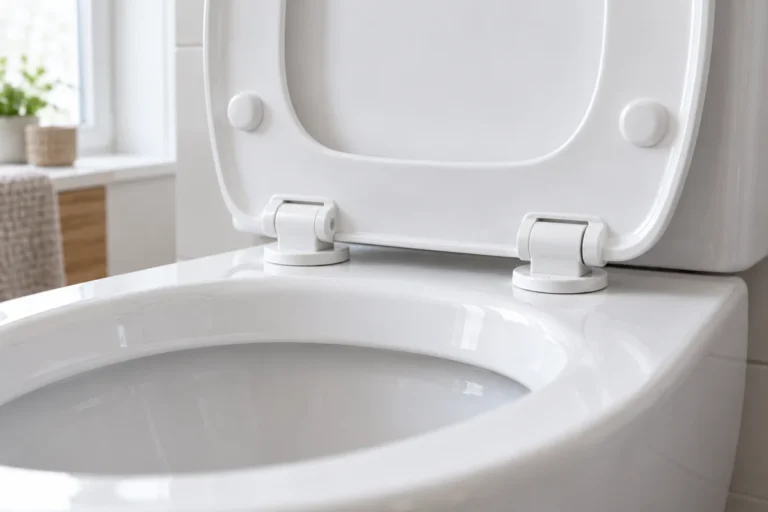 Závěsy bílého WC sedátka na čisté keramické míse