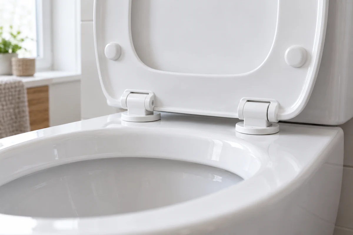 Závěsy bílého WC sedátka na čisté keramické míse