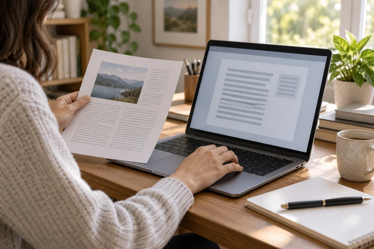 Ruce při práci s tištěným podkladem vedle notebooku