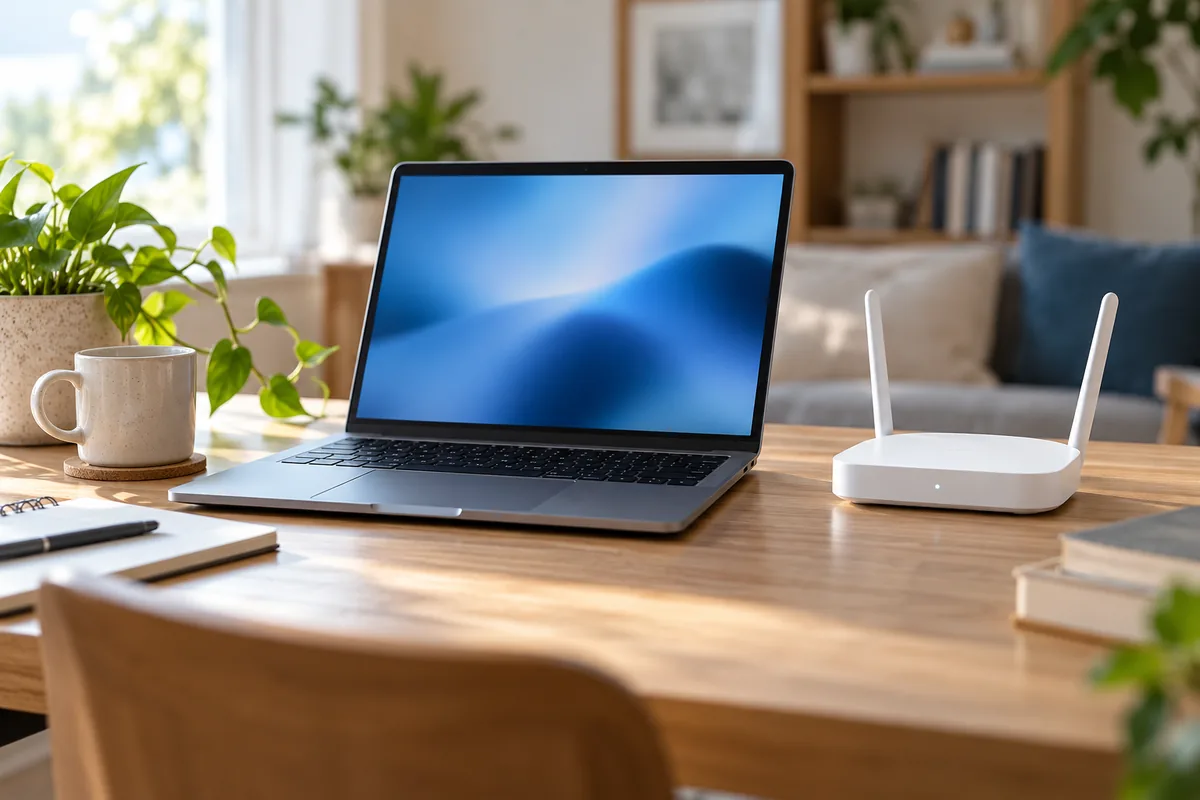Notebook vedle bílého domácího Wi-Fi routeru na stole