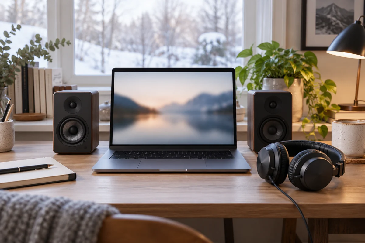 Notebook, stolní reproduktory a kabelová sluchátka na pracovním stole