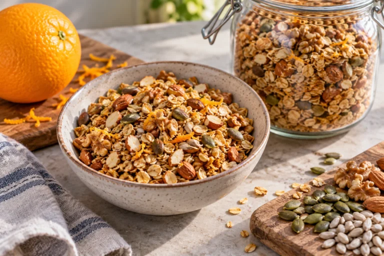 Sypká domácí granola s ovesnými vločkami, ořechy, semínky a pomerančovou kůrou
