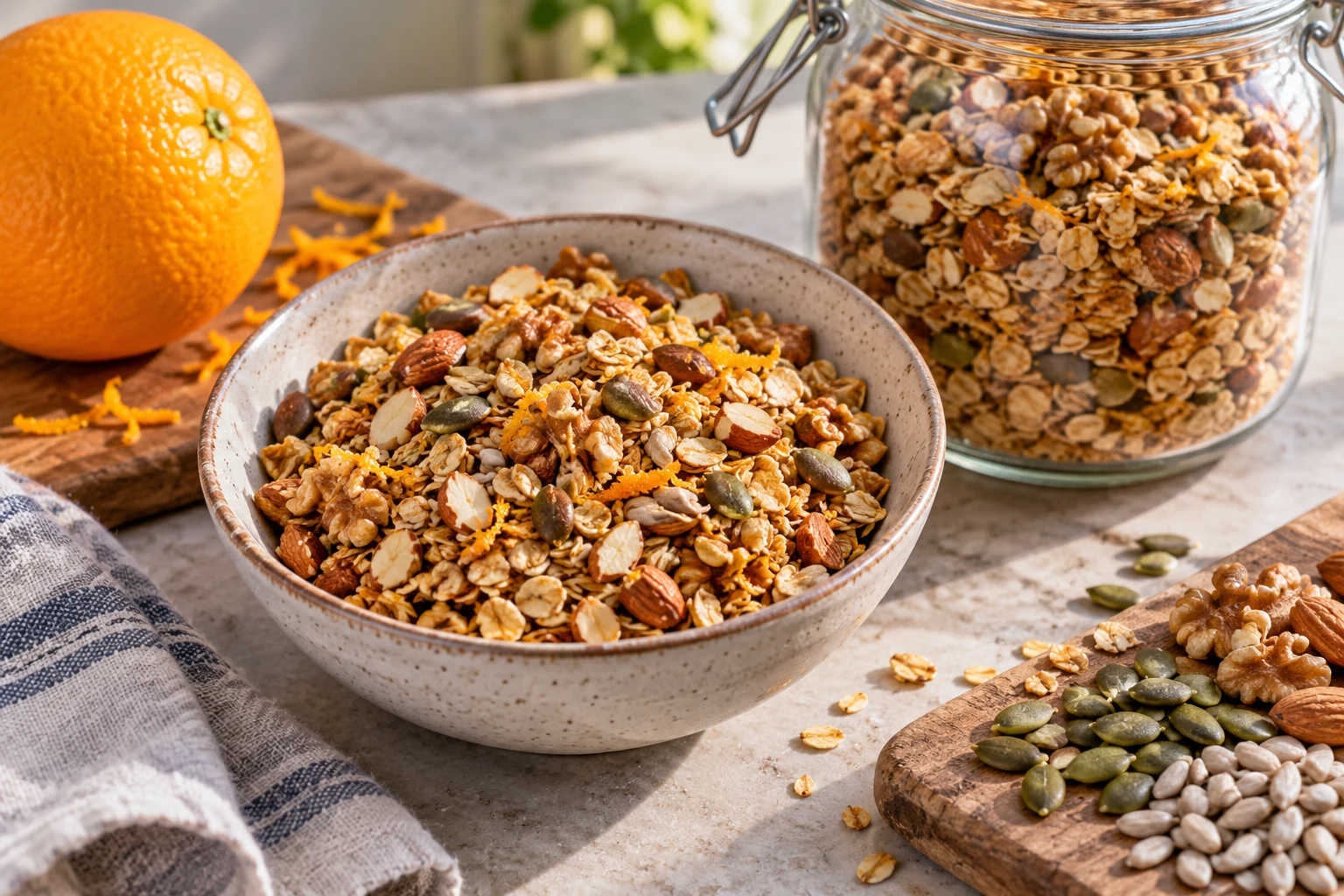 Sypká domácí granola s ovesnými vločkami, ořechy, semínky a pomerančovou kůrou