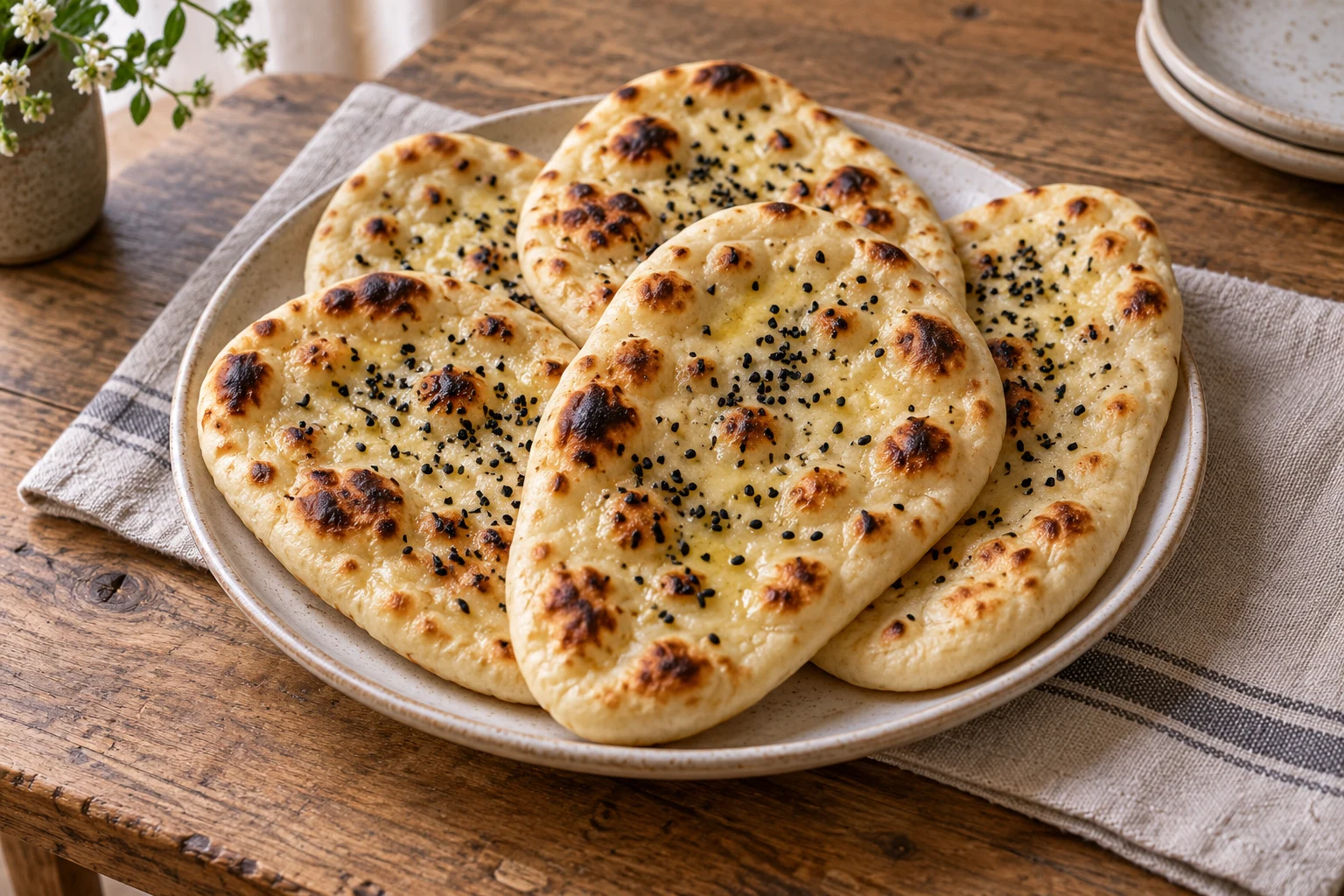 Měkké naan placky s černuchou a jednotlivými opečenými místy