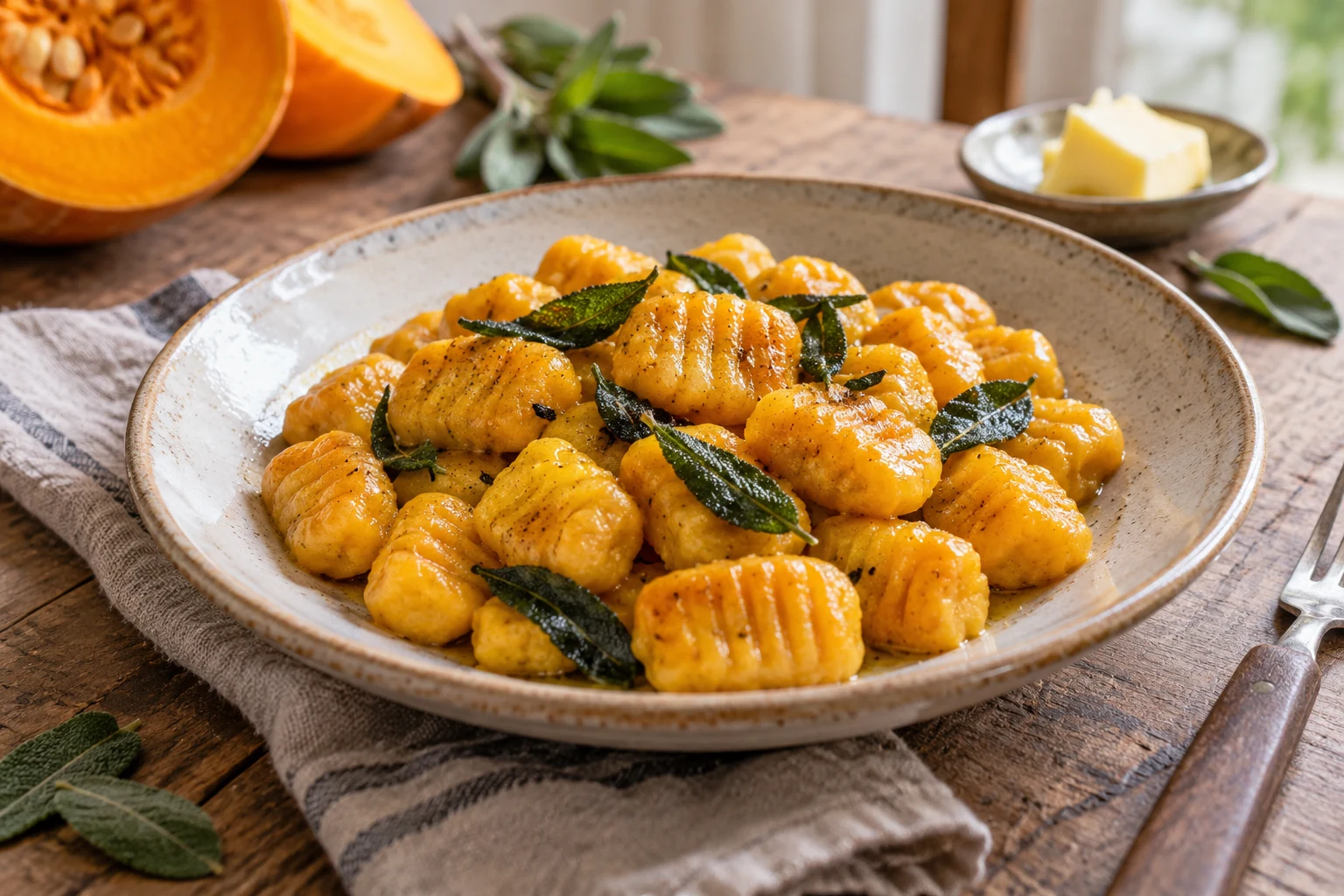 Domácí oranžové dýňové gnocchi s jemnými rýhami, máslem a šalvějovými listy