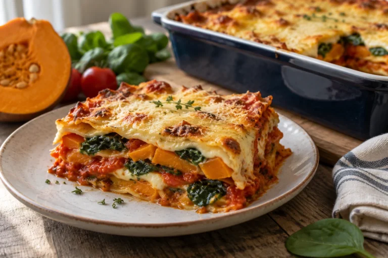 Porce dýňových lasagní s vrstvami špenátu, rajčat a bešamelu pod zlatavou sýrovou krustou