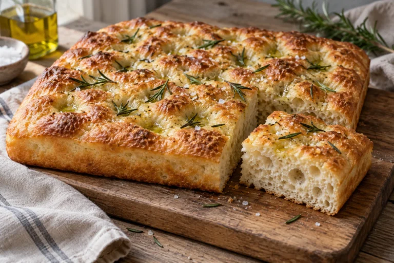 Zlatavá focaccia s rozmarýnem, důlky a odkrojeným kusem
