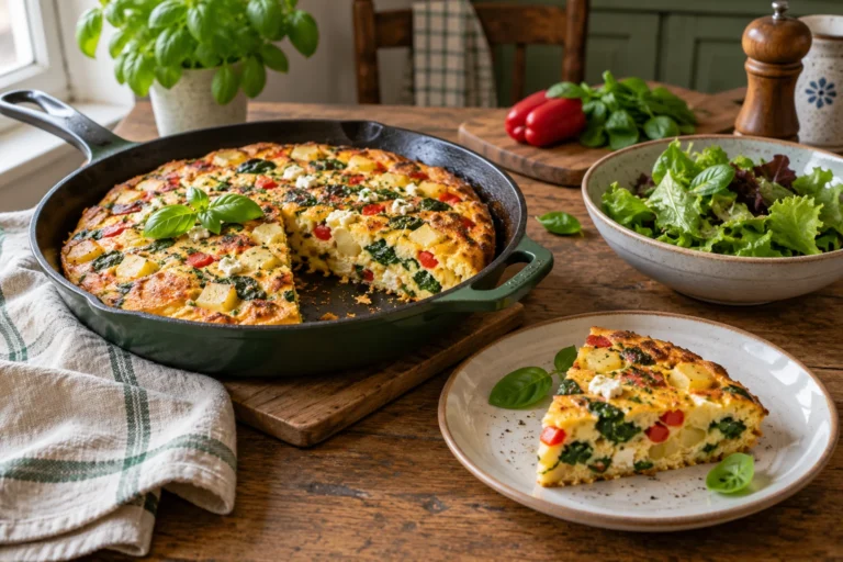 Zlatá frittata s bramborou, červenou paprikou, špenátem a fetou, s odkrojeným pevným klínkem
