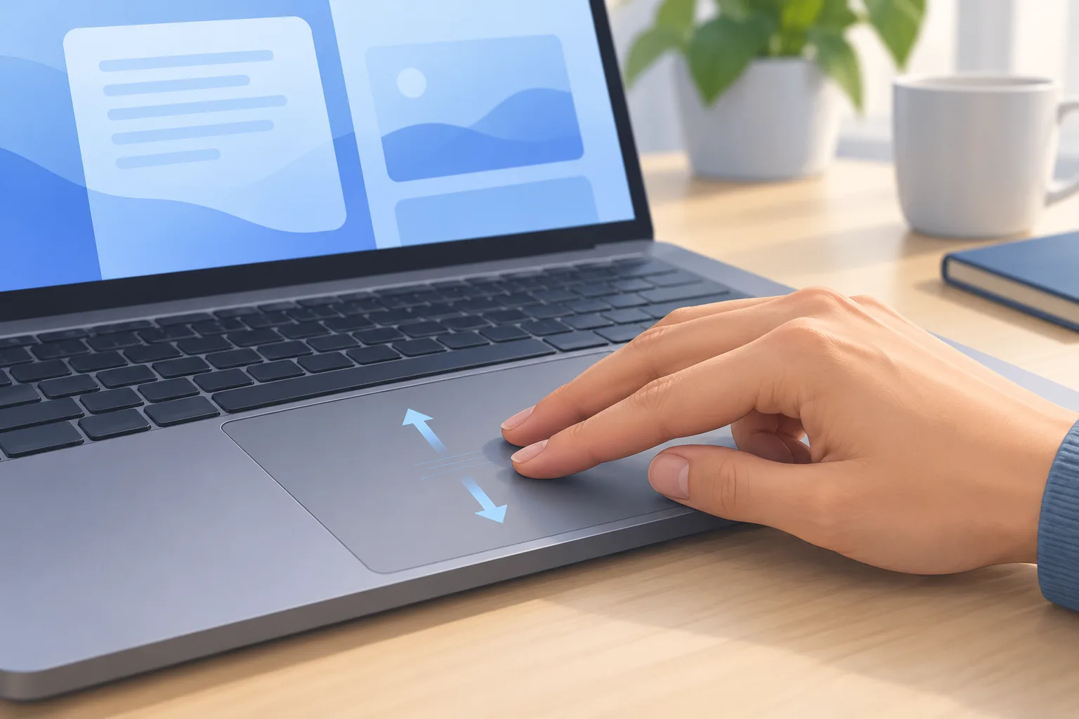 Konceptuální ilustrace posouvání dvěma prsty na touchpadu notebooku, nejde o snímek Windows