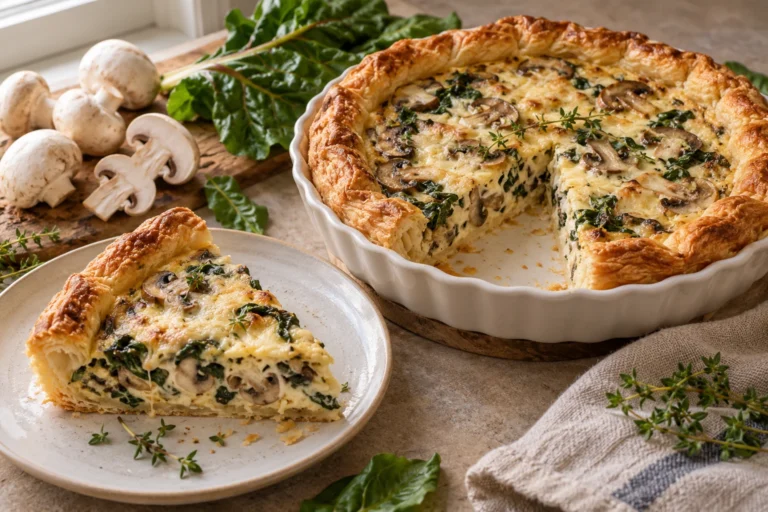 Kulatý houbový quiche s listovým okrajem a řezem vaječné náplně s žampiony a mangoldem