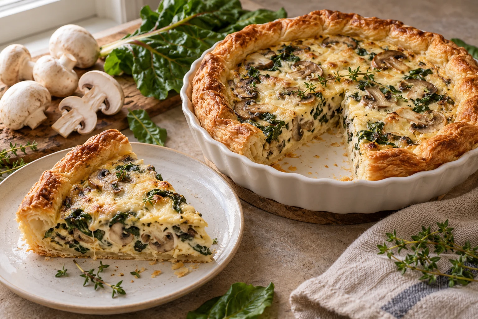 Kulatý houbový quiche s listovým okrajem a řezem vaječné náplně s žampiony a mangoldem
