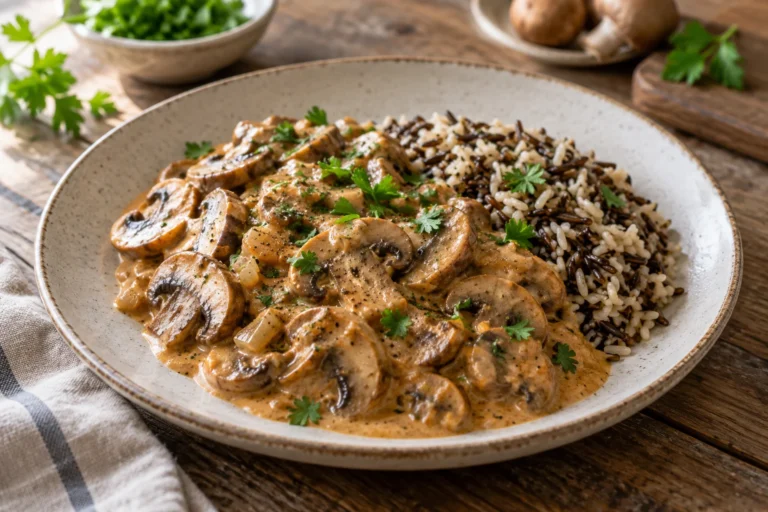 Houbový stroganoff s paprikovou smetanovou omáčkou a vařenou směsí s divokou rýží