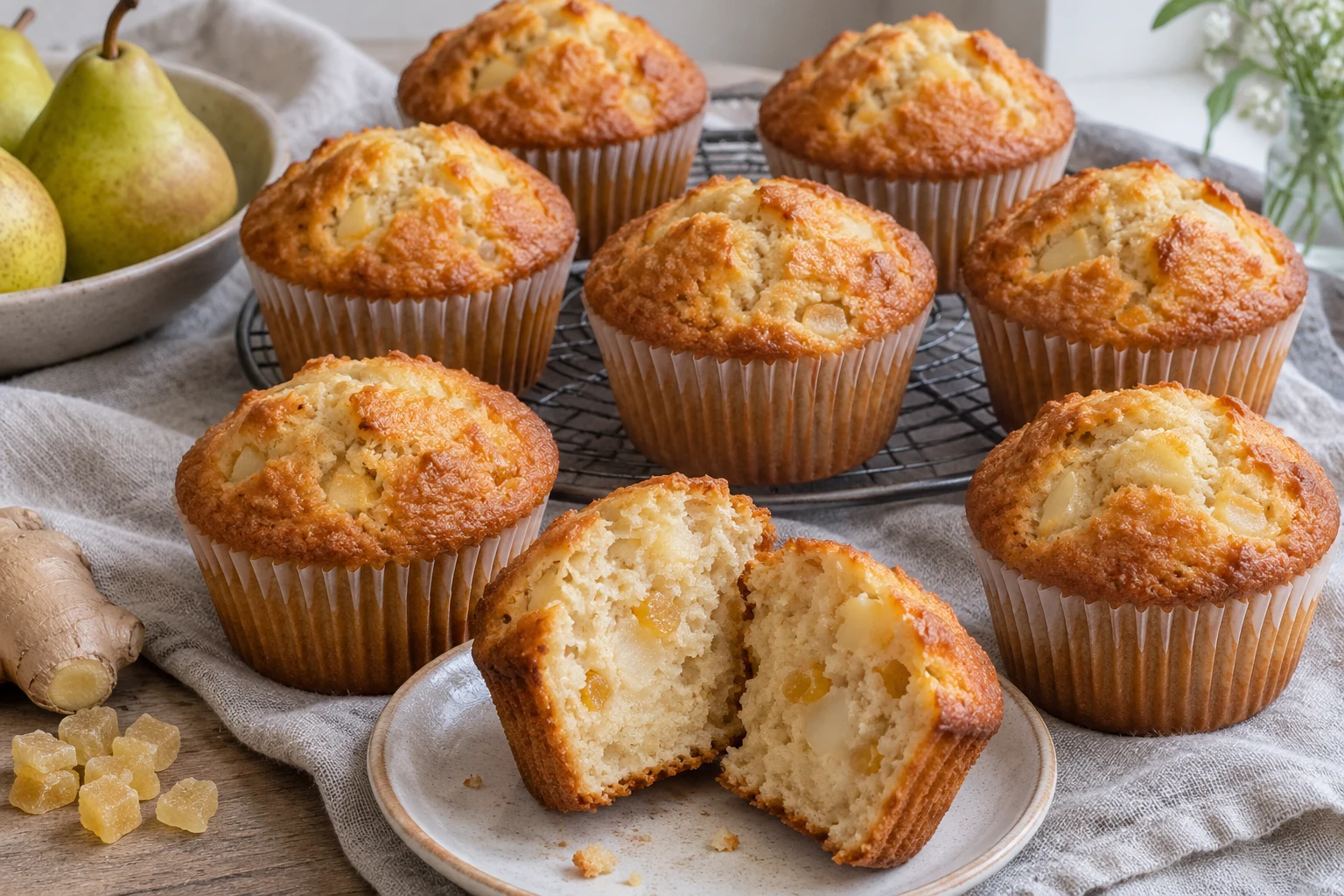 Zlatavé hruškové muffiny a rozkrojený kus s vláčnou střídou a kousky ovoce