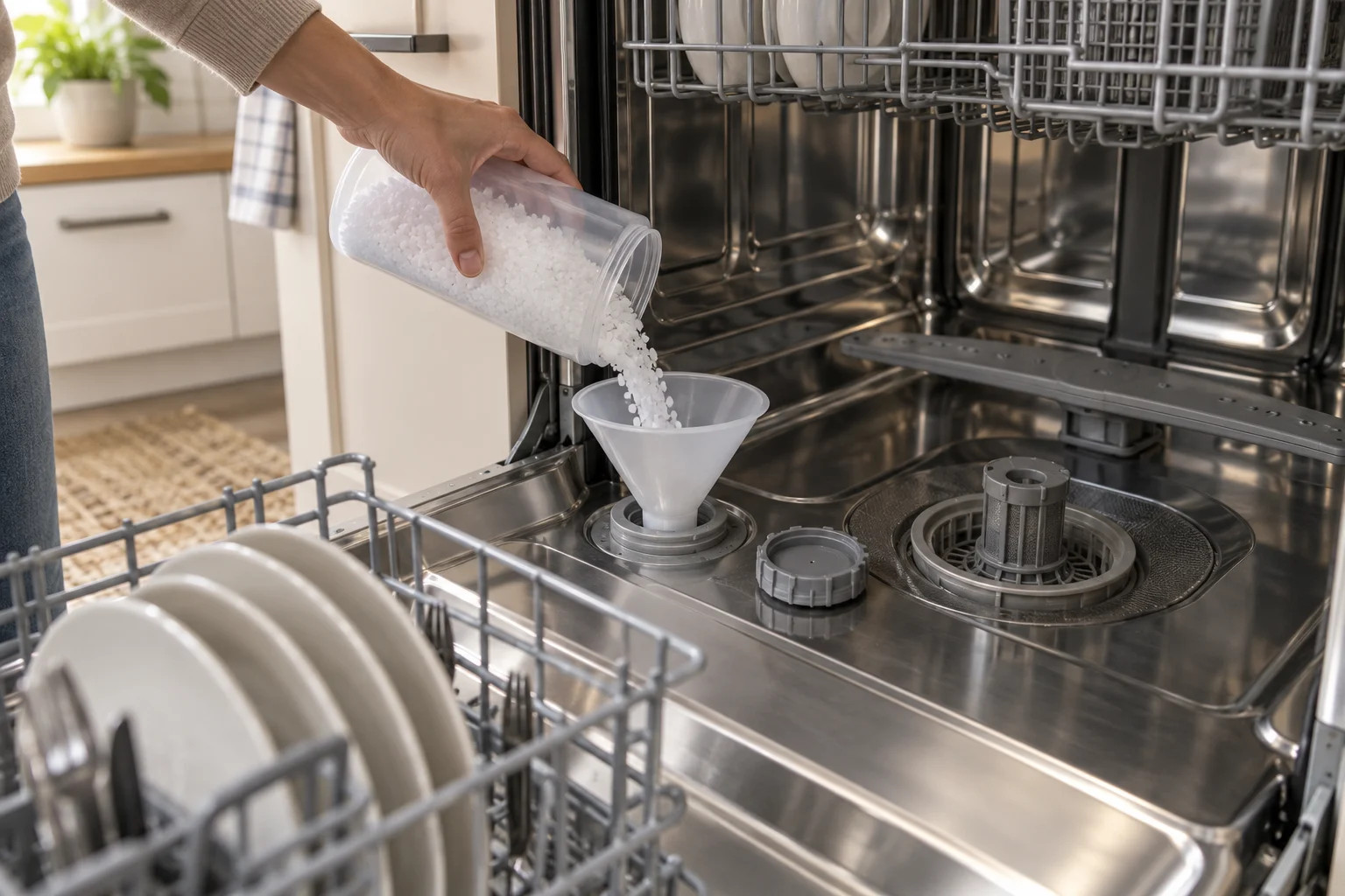 Doplňování speciální soli trychtýřem do zásobníku na dně obecné myčky