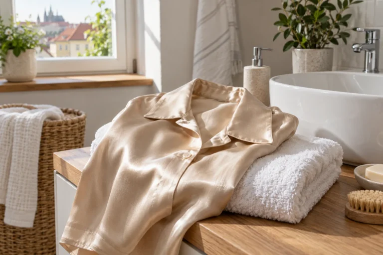 Hedvábná halenka v odstínu champagne s jemným leskem na bílém ručníku