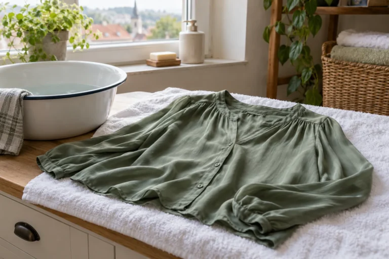 Zelená splývavá halenka rozložená na bílé osušce vedle čisté nádoby