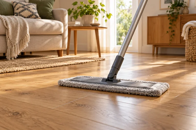 Měkký plochý mop na dřevěné podlaze s přirozenou kresbou v obývacím pokoji