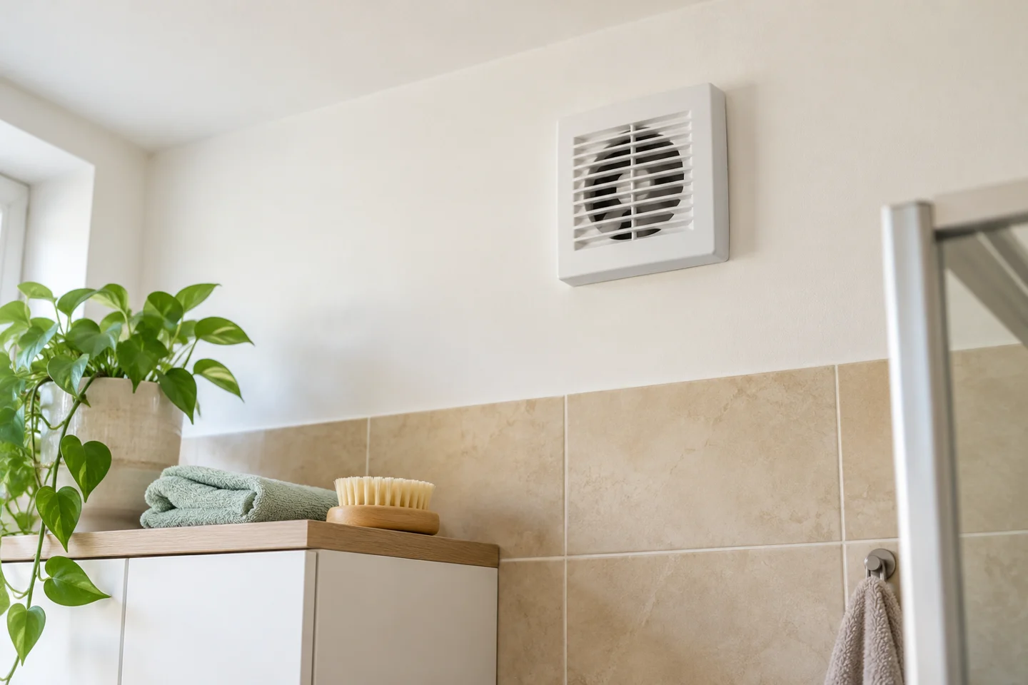 Bílý koupelnový ventilátor na stěně nad obklady a připravené měkké pomůcky