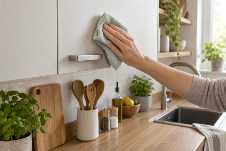 Jemné otírání matných kuchyňských dvířek u úchytky měkkým hadříkem