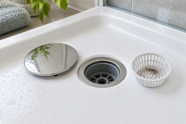 Odkrytý sprchový odtok s vyjmutým zachytávačem vlasů a krytem vedle otvoru