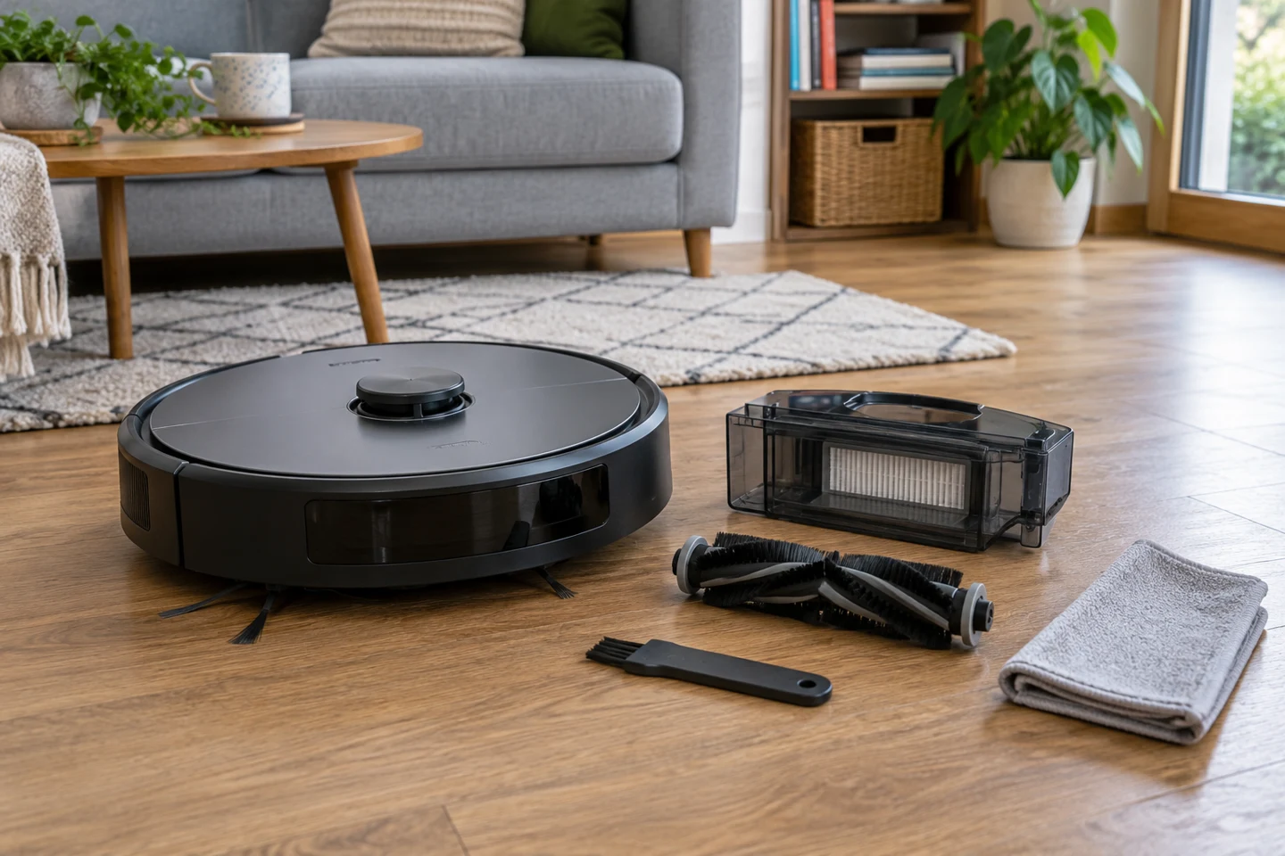 Robotický vysavač vedle vyjmutého zásobníku, hlavního válce a suchých čisticích pomůcek.