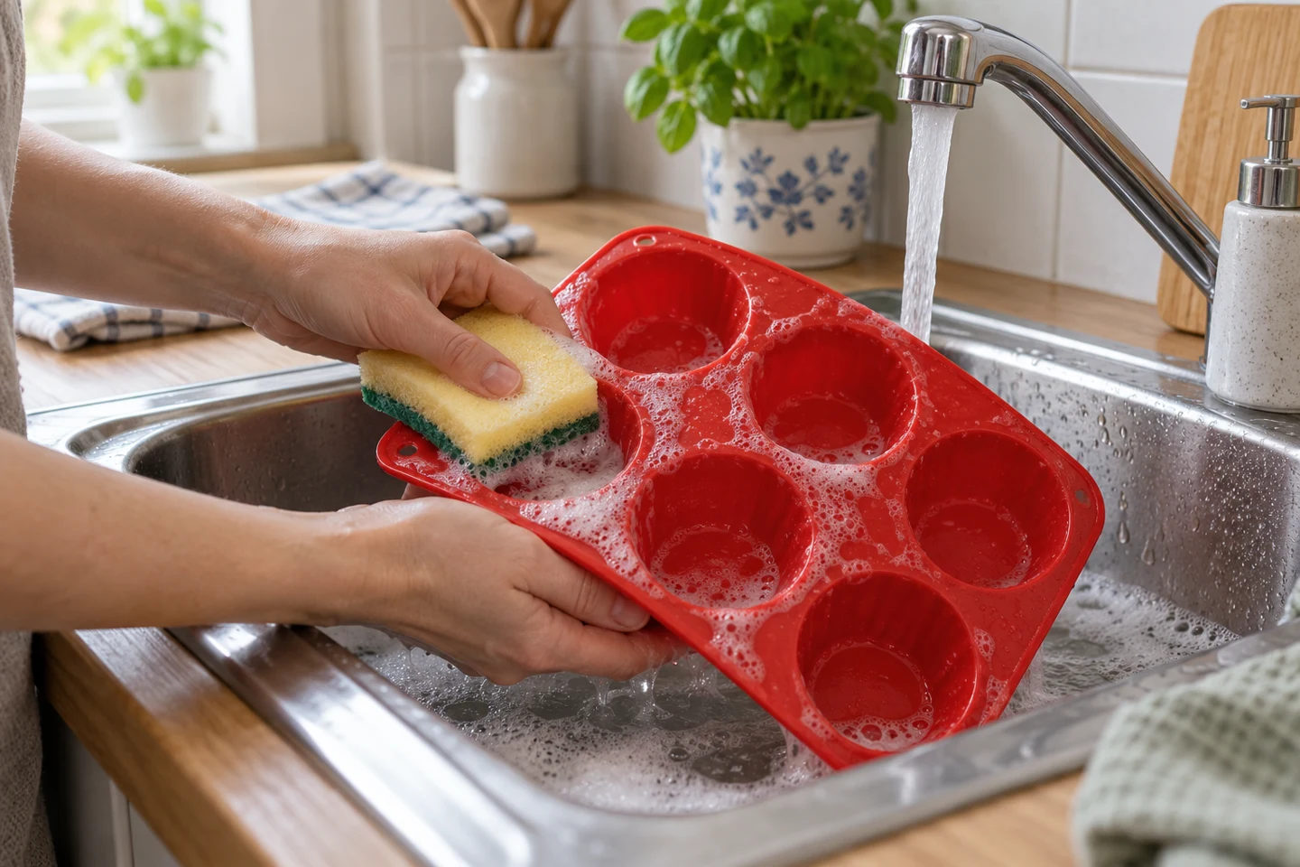 Mytí červené silikonové muffinové formy měkkou stranou houbičky.