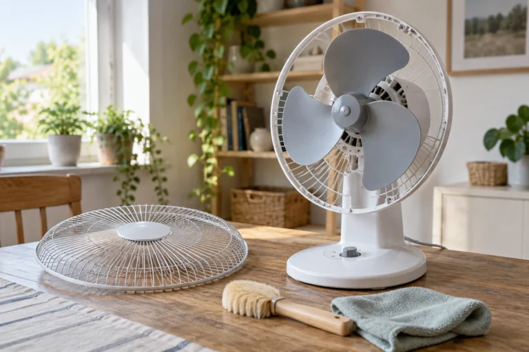 Stolní ventilátor se stojícími lopatkami, sejmutou přední mřížkou a čisticí utěrkou na stole.