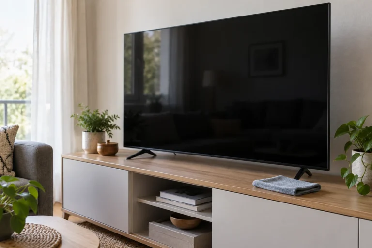 Vypnutá televizní obrazovka v obýváku s mikrovláknovou utěrkou
